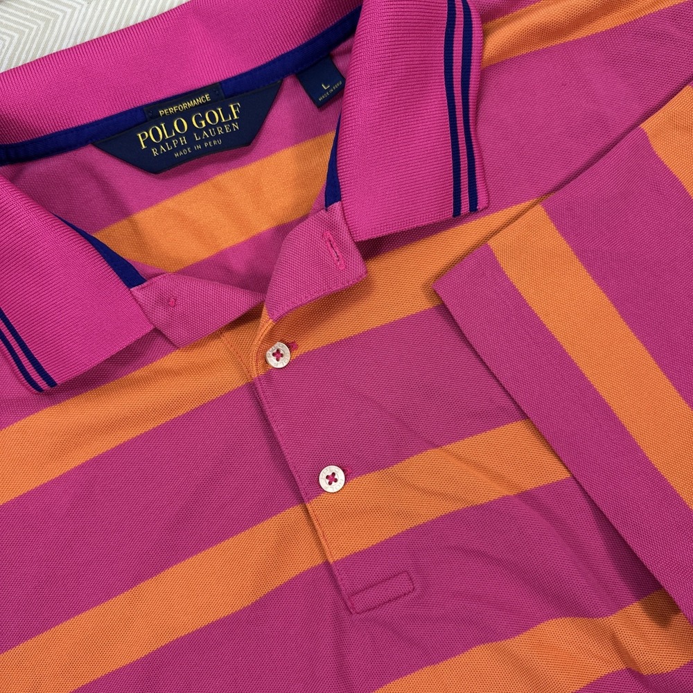 Polo Golf Ralph Lauren Mens Polo Large Pink Orange Striped Short Sleeve Pima